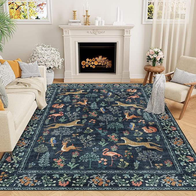 DUKINO 6x9 Area Rug, Washable Animal Living Room Rug Non Slip, Navy Blue | Soft, Low Pile, Non-Shedding Indoor Large Carpet for Bedroom, Dining Room, Kids PlayRoom, Farmhouse, Pet Friendly, Home Decor