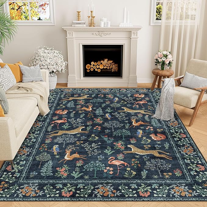 DUKINO 9x12 Area Rug for Living Room Washable Animal Rug Non Slip Navy Blue | Low Pile, Non-Shedding, Soft Indoor Large Carpet for Bedroom, Dining Room, Kids PlayRoom,Nursery, Farmhourse, Pet Friendly