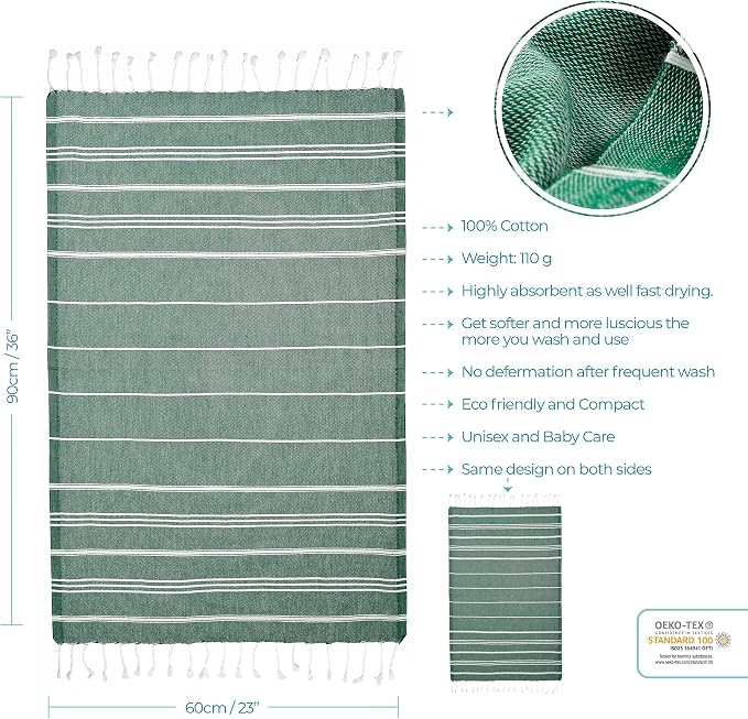 Cacala 100% Turkish Cotton Kitchen Tea Towels, Highly Absorbent Luxury Soft Quick Drying Dish Towel with Hanging Loop for Gym, Yoga, Bath, Sports, Cleaning and Kitchen (23 x 36), Army Green