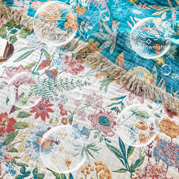 LUTBM Boho Throw Blanket for Bed 60"x80", All Season Cotton Couch Blankets | Reversible Floral Embroidery, Muslin Gauze Twin Quilt, For Chair Sofa Living Room Decor, Lightweight & Breathable, Women Gift