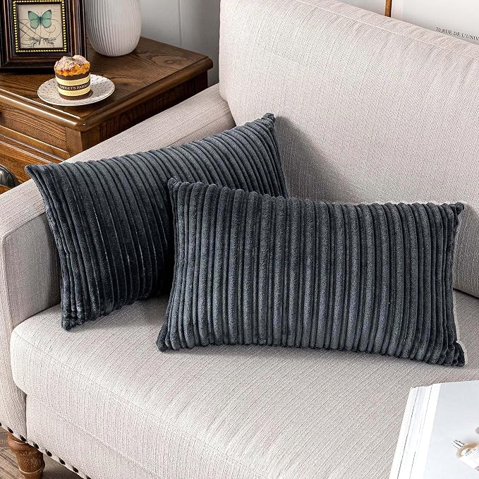 UGASA Velvet Pillow Covers Striped Decorative Throw Pillow Cover Cushion Case with Hidden Zipper for Home Couch/Bedroom/Car, Soft Cozy Solid Oblong, 1 Piece (12"x20", Dark Grey)