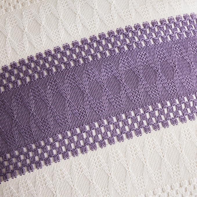 2pk Boho Pillow Covers 24x24, Natural White/Contrast/Purple | 100% Organic Cotton Body, Stripe Embroidery, Farmhouse Decorative Cushion Covers for Sofa Bed Living Room Home Decor