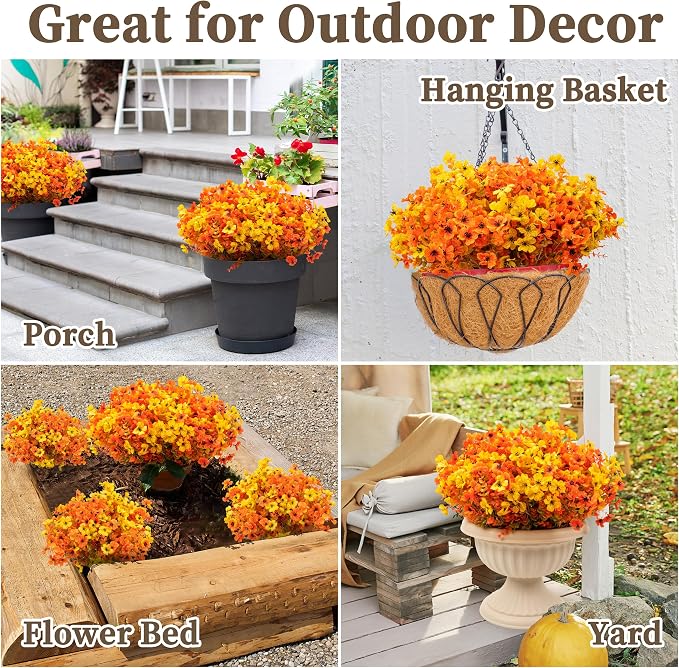 ColoPlay 16 Bundles Artificial Mums for Outdoors, Fake Flowers Fall Decor | Faux Mums for Outdoor Planters, Eucalyptus Leaves UV Resistant Fake Plants for Home Porch Box Wedding Farmhouse(Fall Orange)