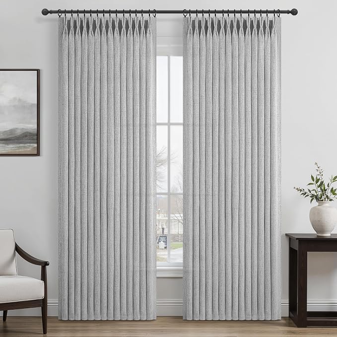 Light Grey Pleated Extra Wide 70 Inch Bedroom Curtains 84 Inches Long 2 Panels Set, Memory Shape Semi Sheer Linen Textured Curtain Light Filtering Privacy Sliding Doors Windows Drapes with Hooks Rings