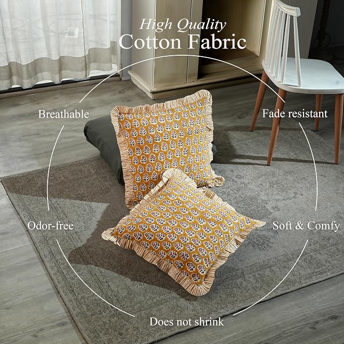 CPC Yellow Citrine Ruffle Throw Pillow Covers for Couch, 20x20 Inch Cotton Stripe Ruffle Couch Pillows for Living Room, Hidden 16 Inch Zipper Boho Pillow Case or Cute Outdoor Ruffle Pillows