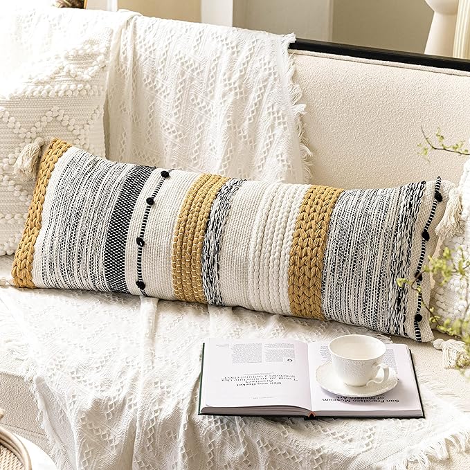 Decorative Lumbar Throw Pillow Cover 14x36 Boho Long Cushion for Bed Yellow Mustard Accent Farmhouse Pillowcase for Bedroom Living Room Couch Sofa Home Décor Cover ONLY