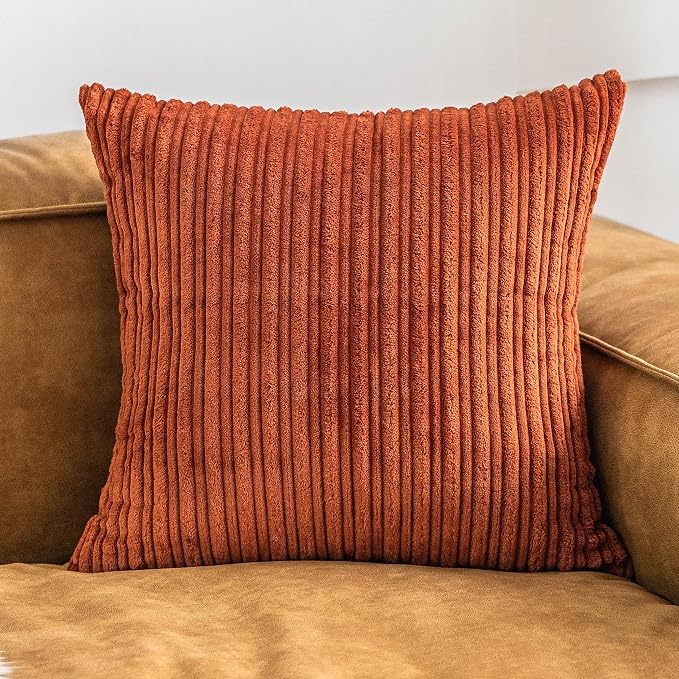 UGASA Fall Decor Super Soft Striped Corduroy Throw Pillow Covers Large Sham Cushion Cover Living Room, 2 Pcs, 22" x 22" (55cm), Burnt Brick