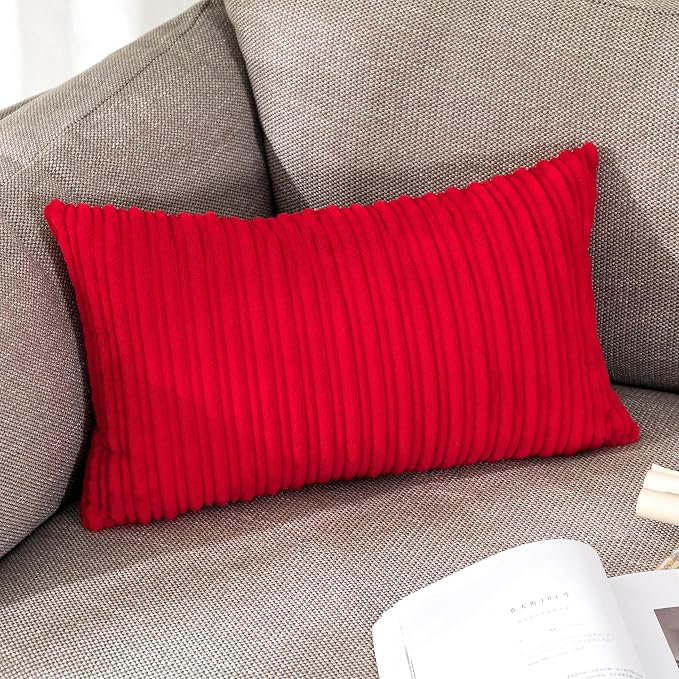 UGASA Pack of 2 Christmas Velvet Pillow Covers Striped, Soft Textured Throw Cushion Case Set, Accent Corduroy Lumbar Pillowcases with Hidden Zipper for Home Decor Indoor Outdoor (12"x20", Red)