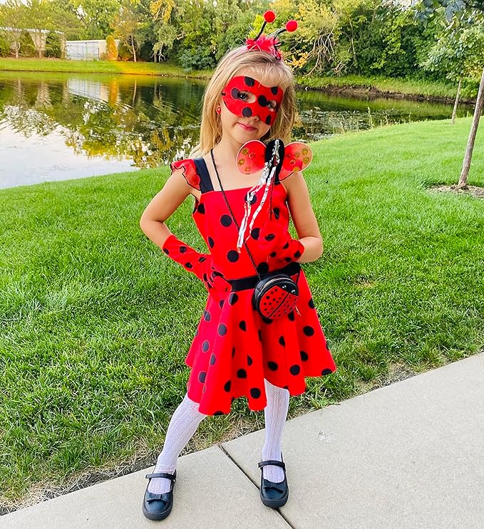 Lady Bug Dress Costume for Girls Polka Dots Tutu Dress Halloween Birthday Dress Up Pretend Play for Kids 3-8