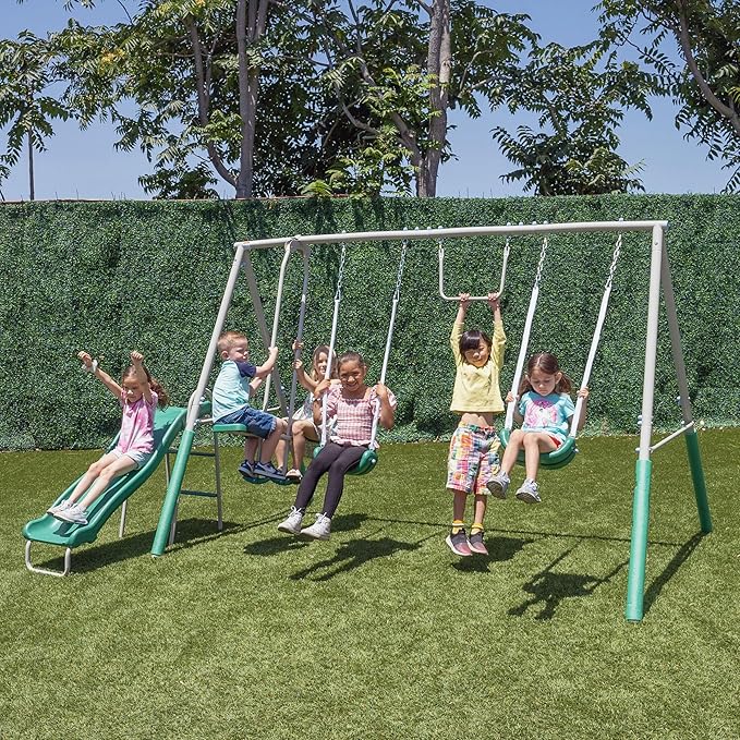 The Swing Company 600LBS Yonkers Metal Swing Set, Outdoor Backyard Playset Kids Aged 3-8 with 2 Swings, Glide Ride, Trapeze, 5ft Slide, Anchor Kit, 6ft Durable Steel Frame