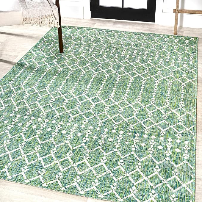 JONATHAN Y Moroccan Geometric Indoor Outdoor Area Rug 9X12 Green/Cream, Ourika Textured Weave for Backyard, Patio, Porch, Easy-Cleaning, High Traffic, Pet-Friendly, Non-Shedding (SMB108L-9)