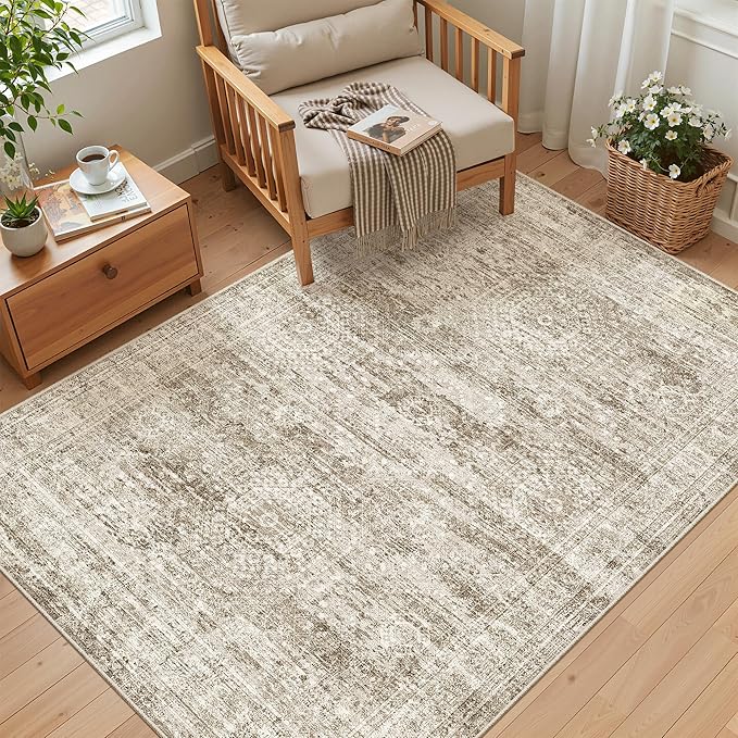 Soalmost 4x6 Area Rug for Living Room, Washable Rugs Non-Slip, Brown | Vintage Low-Pile Carpet for Dining Bedroom, Thin Foldable Stain Resistant Floor Mat Nursery Under Table Home Office Decor