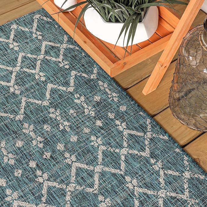 JONATHAN Y Moroccan Geometric Indoor Outdoor Area Rug 10X14 Teal/Gray, Ourika Textured Weave for Backyard, Patio, Porch, Easy-Cleaning, High Traffic, Pet-Friendly, Non-Shedding (SMB108C-14)