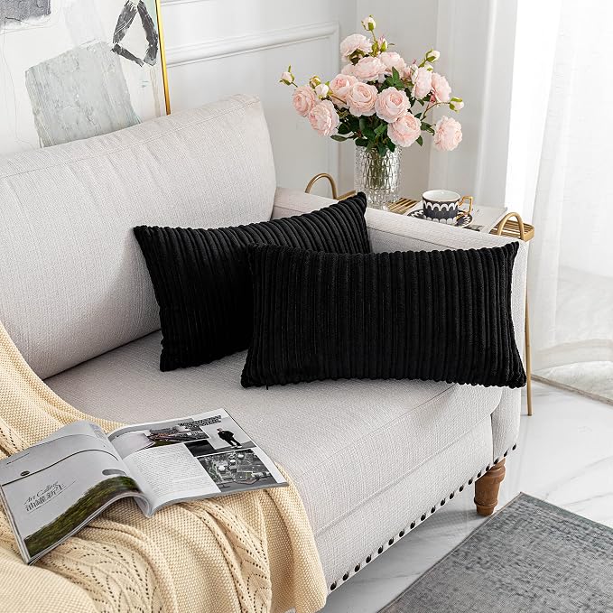 UGASA 14x24 Inch Pillow Cover Pack of 1 Soft Boho Stripe Corduroy Long Rectangular Lumbar Cushion Cover Farmhouse Decorative Throw Pillowcase for Bed, Couch, Sofa, Bedroom, Living Room, Black