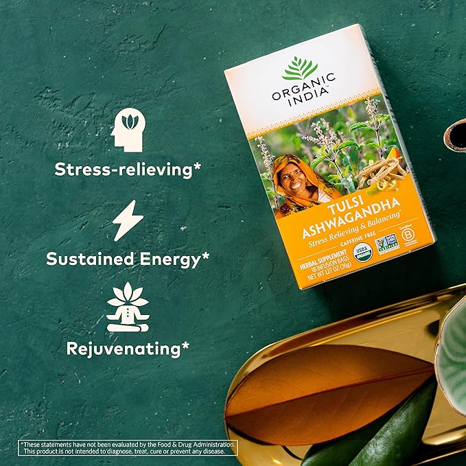 ORGANIC INDIA Calming Tulsi Ashwagandha Herbal Tea - Holy Basil Tea with Ashwagandha Root, Supports Restful Sleep - Adaptogen, Vegan, USDA Certified Organic, Non-GMO - 18 Infusion Bags, 3 Pack