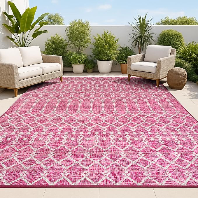 JONATHAN Y Moroccan Geometric Indoor Outdoor Area Rug 5X8 Fuchsia/Light Gray, Ourika Textured Weave for Backyard, Patio, Porch, Easy-Cleaning, High Traffic, Pet-Friendly, Non-Shedding (SMB108Q-5)
