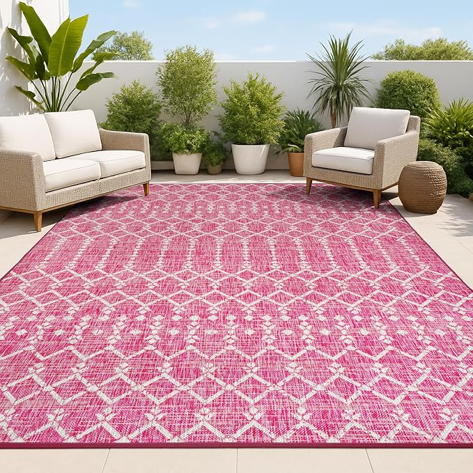 JONATHAN Y Moroccan Geometric Indoor Outdoor Area Rug 8X10 Fuchsia/Light Gray, Ourika Textured Weave for Backyard, Patio, Porch, Easy-Cleaning, High Traffic, Pet-Friendly, Non-Shedding (SMB108Q-8)