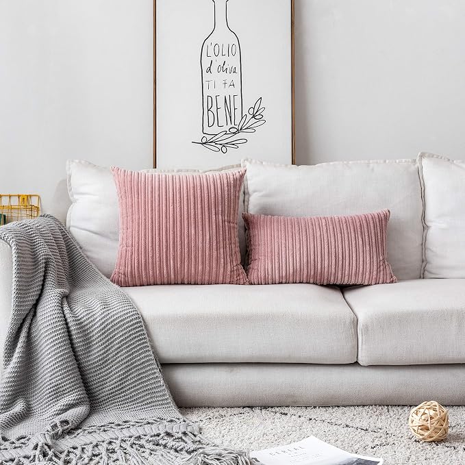 UGASA Velvet Pillow Covers Soft Striped Decorative Throw Cushion Case with Hidden Zipper for Valentine's Day Couch/Bedroom/Sofa, Cozy Solid Oblong Lumbar Pillowcase 1 Piece 12"x20", Baby Pink