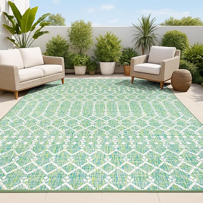 JONATHAN Y Moroccan Geometric Indoor Outdoor Area Rug 9X12 Green/Cream, Ourika Textured Weave for Backyard, Patio, Porch, Easy-Cleaning, High Traffic, Pet-Friendly, Non-Shedding (SMB108L-9)