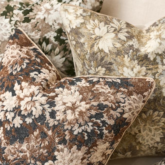 Neutral Floral Pillow Cover 24 x 24 Inches, Vintage Chenille Square Throw Pillow Cover Soft Decorative Farmhouse Accent Couch Pillow Cover for Living Room Bedroom, Coffee Brown