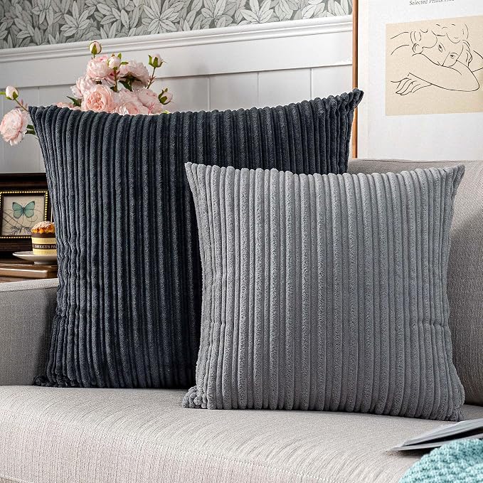 UGASA Corduroy Striped Soft Soild Decorative Square Throw Pillow Covers Set Cushion Cases Pillowcases for Sofa Bedroom, 2 Pcs, 24x24inch, Dark Grey