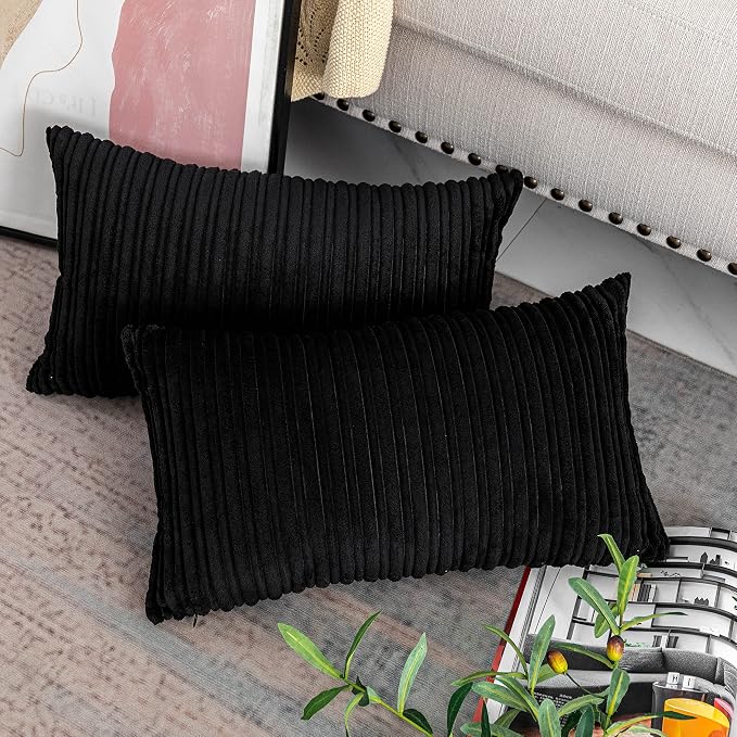 UGASA 14x24 Inch Pillow Cover Pack of 1 Soft Boho Stripe Corduroy Long Rectangular Lumbar Cushion Cover Farmhouse Decorative Throw Pillowcase for Bed, Couch, Sofa, Bedroom, Living Room, Black