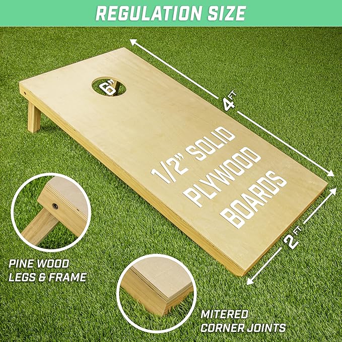 GoSports Solid Wood Premium Cornhole Sets - Choose 4 x 2 ft or 3 x 2 ft - Game Boards Include Set of 8 Cornhole Toss Bags
