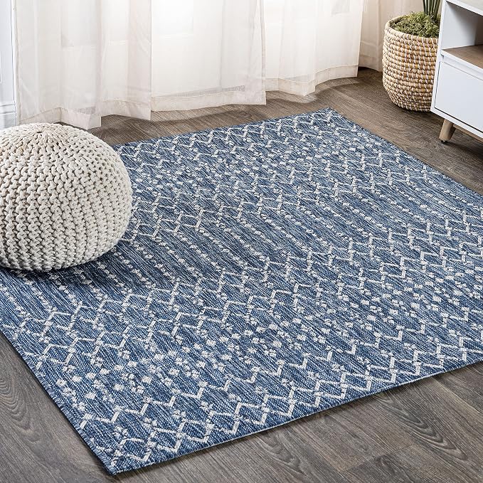 JONATHAN Y Moroccan Geometric Indoor Outdoor Square Area Rug 8X8 Navy/Light Gray, Ourika Textured Weave for Backyard, Patio, Porch, Easy-Cleaning, High Traffic, Pet-Friendly, Non-Shedding SMB108B-8SQ