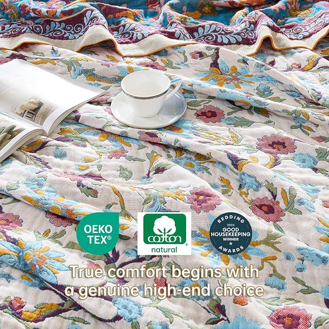 VANJOROY Boho Throw Blanket, 100% Organic Cotton Breathable Ultra Soft 91" x 108" King Bed Quilt Throw - All Season Floral Rustic Luxury Blanket for Sofa Couch Chair