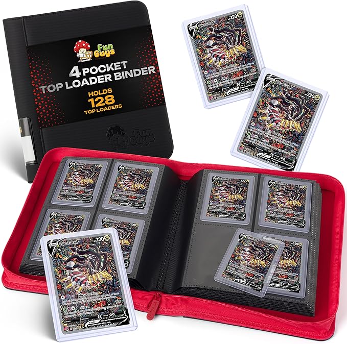 FunGuys Toploader Binder – 4 Pocket Trading Card Binder for 128 Top Loaders, Pokemon Card Binder, MTG, Yugioh, Sports Cards, TCG Storage Album, Zipper Card Collector Folder
