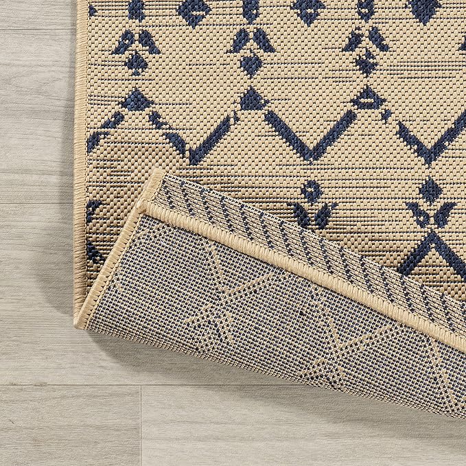 JONATHAN Y Moroccan Geometric Indoor Outdoor Runner Rug 2X8 Beige/Navy, Ourika Textured Weave for Backyard, Patio, Porch, Easy-Cleaning, High Traffic, Pet-Friendly, Non-Shedding (SMB108H-28)