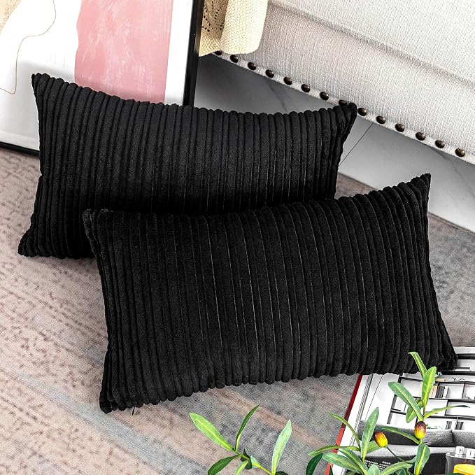 UGASA Corduroy Striped Soft Soild Decorative Throw Pillow Covers Set Cushion Cases Pillowcases for Sofa Bedroom, 2 Pcs, 12x20inch, Black
