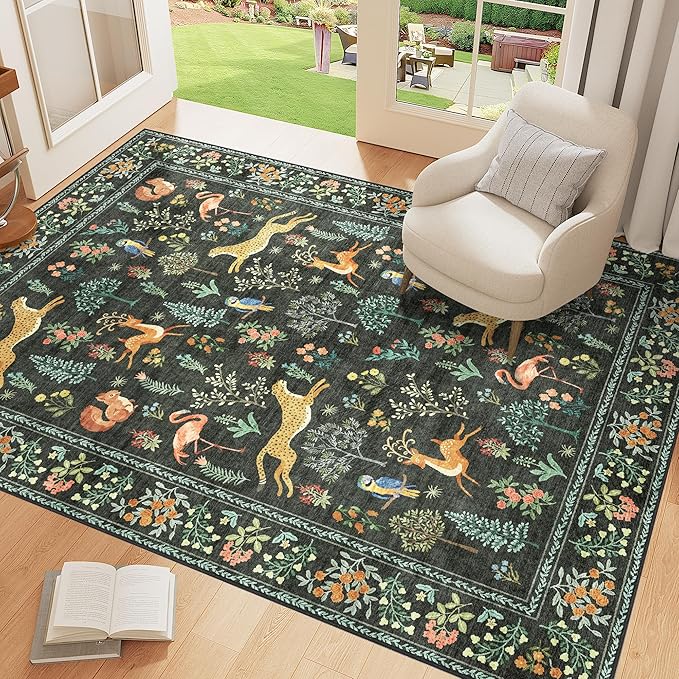 DUKINO 3x5 Rug, Washable Animal Area Rug for Bedroom Non Slip, Black | Low Pile, Stain Resistant, Soft Indoor Carpet for Living Room, Kitchen, Dining Room, Nursery, Lightweight, Pet Friendly