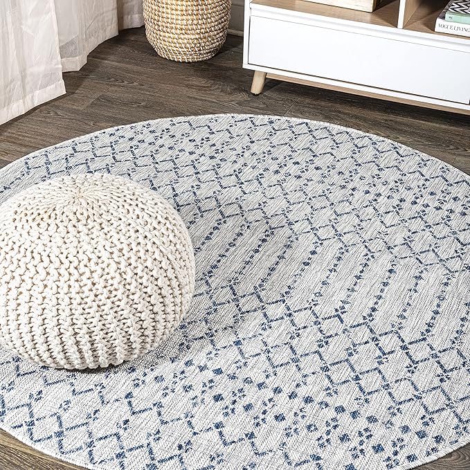 JONATHAN Y Moroccan Geometric Indoor Outdoor Round Area Rug 3 Ft Light Gray/Navy, Ourika Textured Weave for Backyard, Patio, Porch, Easy-Cleaning, High Traffic, Pet-Friendly, Non-Shedding SMB108A-3R