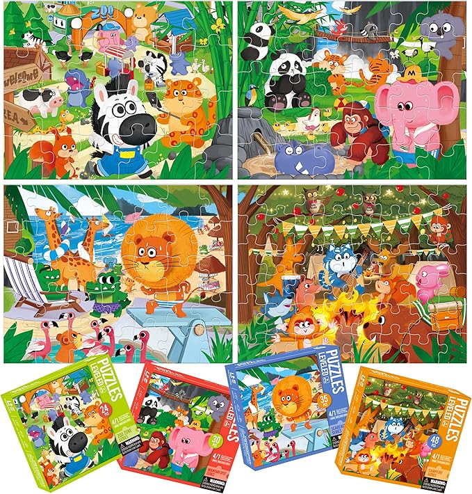 Dotimo 4-Pack Animal Puzzles for Toddlers 3-5 – Lion, Elephant, Giraffe & Monkey Progressive Learning Puzzles, 24/30/35/48 Piece Educational Games with Storage Box, Family Activities & Gifts