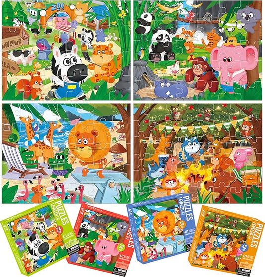 Dotimo 4-Pack Animal Puzzles for Toddlers 3-5 – Lion, Elephant, Giraffe & Monkey Progressive Learning Puzzles, 24/30/35/48 Piece Educational Games with Storage Box, Family Activities & Gifts