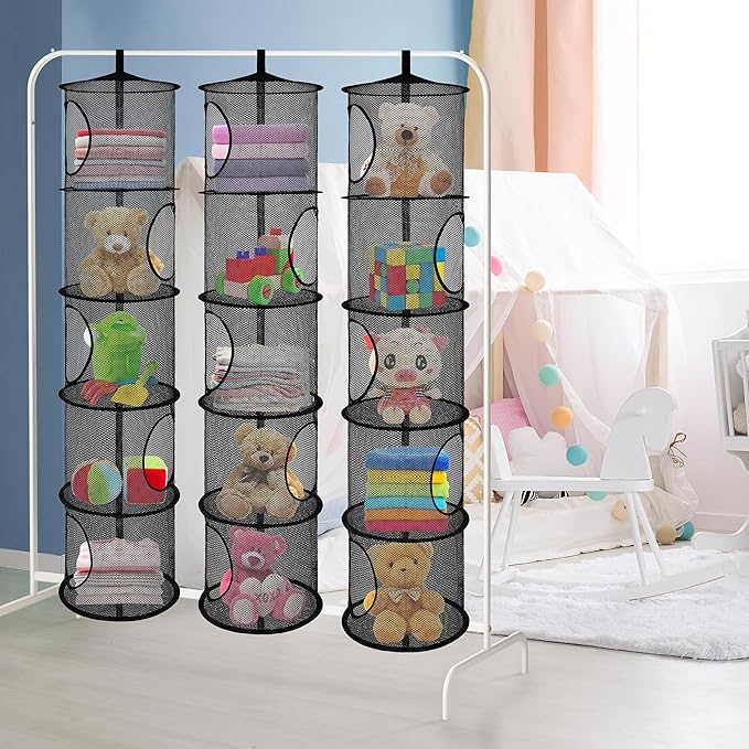 3Pcs Stuffed Animal Storage Foldable Stuffed Animal Net or Hammock Organizer, 5 Compartments Hanging Mesh Toy Storage Hammock for Kid Room Toys, Gloves, Hats, Socks（Black）