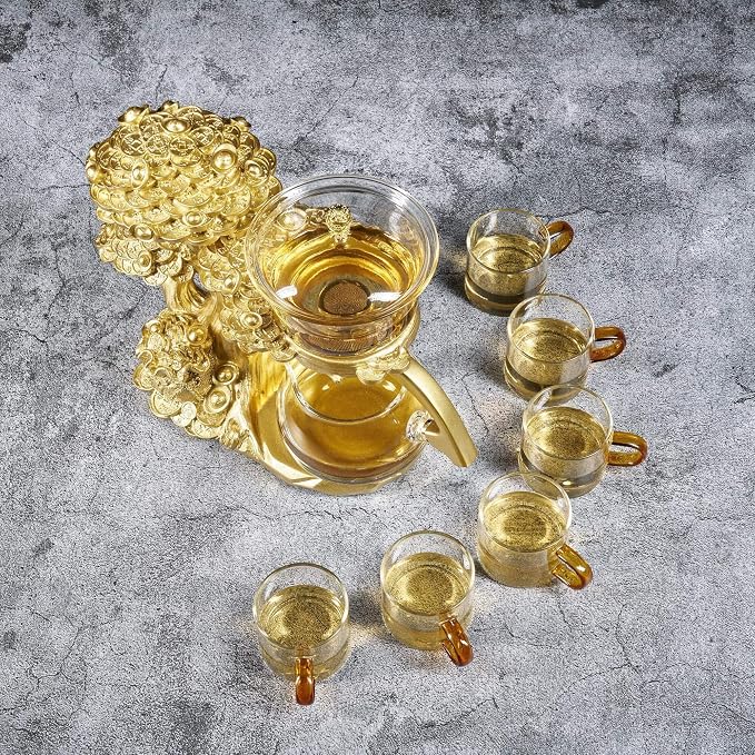 Zurucily Glass Teapot Set with Infuser Semi Automatic Tea Set Magic Teapot (Tree - golden)
