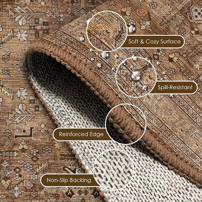 Washable Area Rug 3' x 5 ' Vintage Traditional Persian Mat - Foldable Distressed Non-Slip Machine Washable Carpet for Living Room Bedroom Kitchen Home Decor - Bronze and Ivory