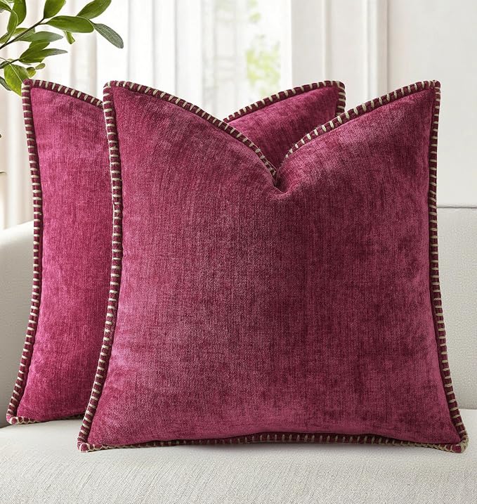 decorUhome Soft Chenille Throw Pillow Covers 22x22 Set of 2 Rhododendron | Fall Textured Decorative Throw Pillow Cases Stitched Edge Modern Farmhouse Luxury Boho Velvet for Couch Sofa Bed Home Decor
