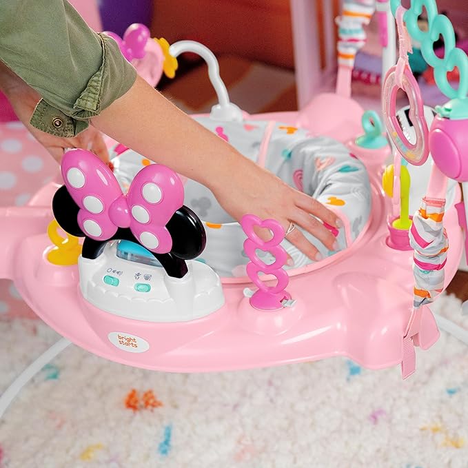 Bright Starts Disney Baby Minnie Mouse Forever Besties Baby Activity Center Jumper with 10 Toys, Lights & Sounds, 360-Degree Seat, 6-12 Months (Pink)