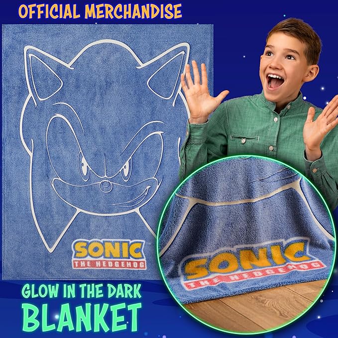 Sonic The Hedgehog Glow in The Dark Throw Blanket 51x59” for Kids, Soft Fleece Throw Blanket for Sofa Bed, Gamer Gifts for Kids (Blue Sonic)