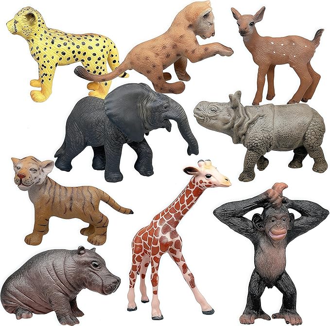 Gemini&Genius 9Pcs Wild Animal Cub Toys Kit for Kids, Jungle Animal Cub Toy Figures, Toy Gifts for Kids, Wildlife Toys, Cake Toppers, Realistic Soild Plasitc Figurines
