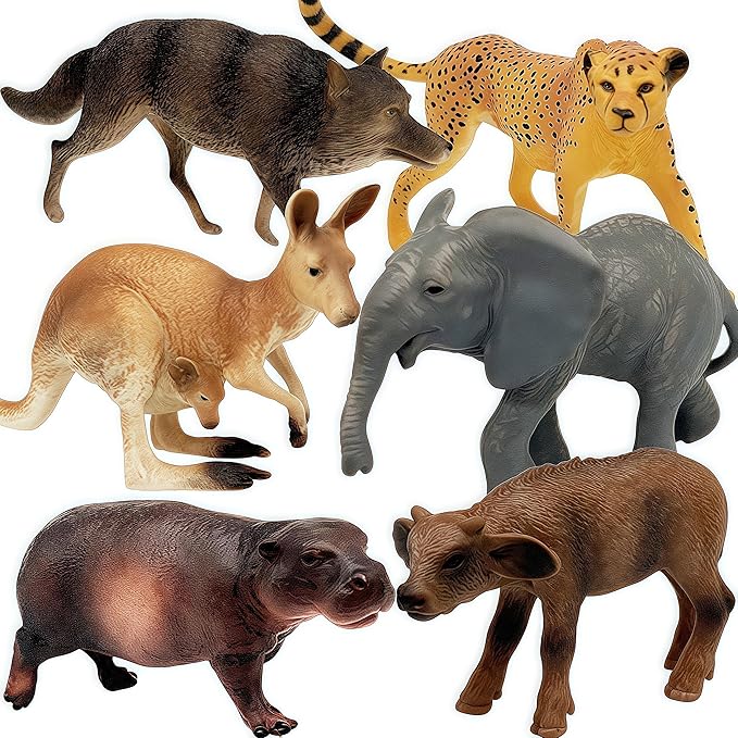 Gemini&Genius Wild Animal Toys for Kids, Wolf, Elephant, Leopard, Hippo, Buffalo, Kangaroo Action Figures, Zoo Playset, Gift for Kids Display or Cake Toppers (6Pcs)