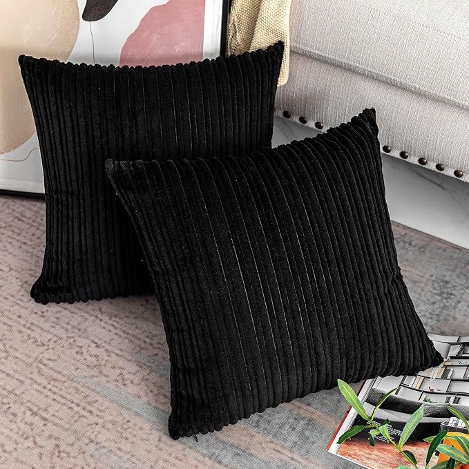 UGASA Striped Textured Velvet Corduroy Pillow Covers Decorative Sham Throw Pillow Cushion Cover for Couch, 2 Pcs, (50x50cm, 20inch), Black