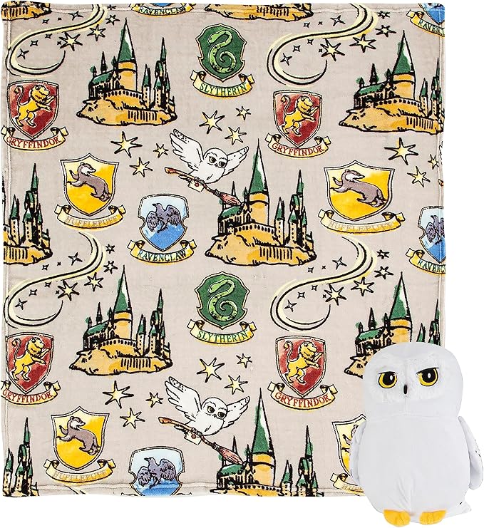 Northwest Character Hugger Pillow & Silk Touch Throw Blanket Set, Stuffed Animal for Kids, Newborn Snuggle Toy, 40" x 50", Harry Potter - Hedwig Magic