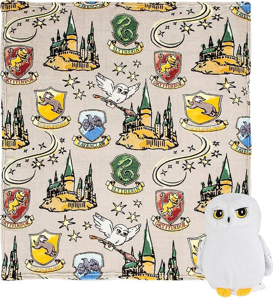 Northwest Character Hugger Pillow & Silk Touch Throw Blanket Set, Stuffed Animal for Kids, Newborn Snuggle Toy, 40" x 50", Harry Potter - Hedwig Magic
