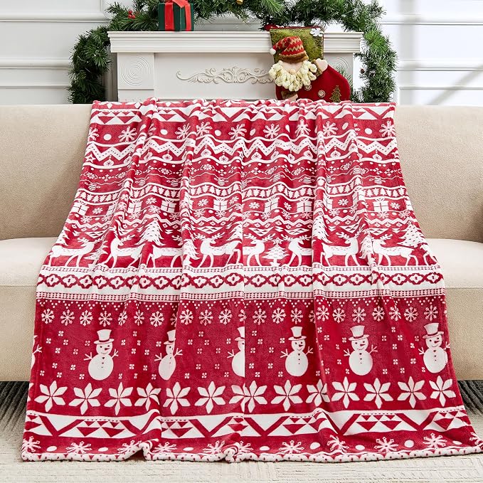 Edenleaf Christmas Blanket Soft Cozy Fleece Throws with Snowman Snowflake Reindeer and Xmas Trees Print, Fuzzy Warm Christmas Throw Blanket for Couch Bed Holiday Decorations Gifts 50"x60" (Red)