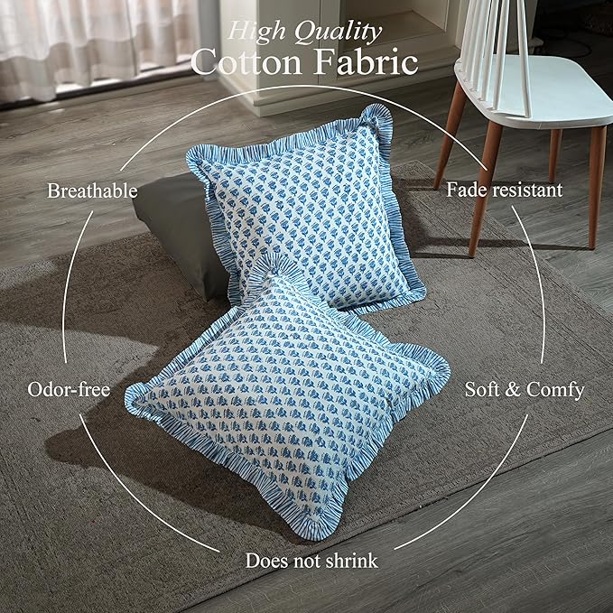 CPC Block Print Ruffle Throw Cover Apatite Blue 20"x20" Inch Pack of 2-100% Cotton Ruffle Couch Decorative Boho Pillows Case for Living Room, Bedroom, Sofa, Farmhouse Gift for Spring, Mother's Day
