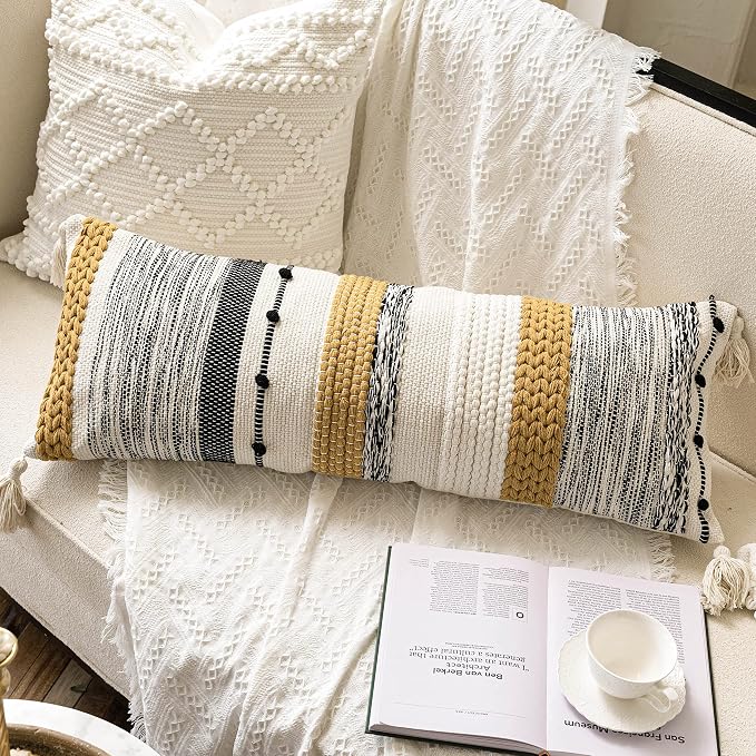 Decorative Lumbar Throw Pillow Cover 14x36 Boho Long Cushion for Bed Yellow Mustard Accent Farmhouse Pillowcase for Bedroom Living Room Couch Sofa Home Décor Cover ONLY